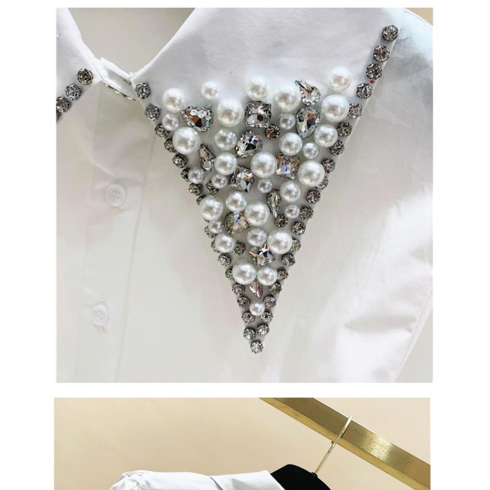 Роскошные вышитые расклешенные брюки Бриллиантовый кукольный воротник Женская весна Новая свободная рубашка с отложным воротником и длинными рукавами однотонная удобная