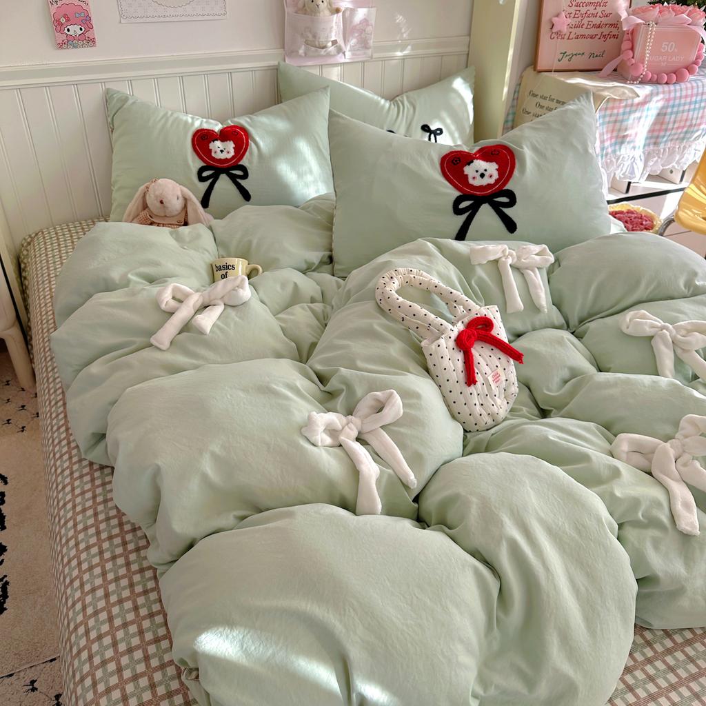 INS Princess Style Bow Bedding Sets For Single Bed  Quilt Cover Bedclothes Decor Woman Girls Bedroom Duvet Cover 4pcs