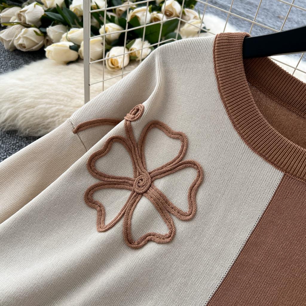 Autumn Winter Women Flower Pattern Knitted Sweater Trouser Two Piece Set O-neck Pullover Tops and Wide Leg Pant Tracksuit