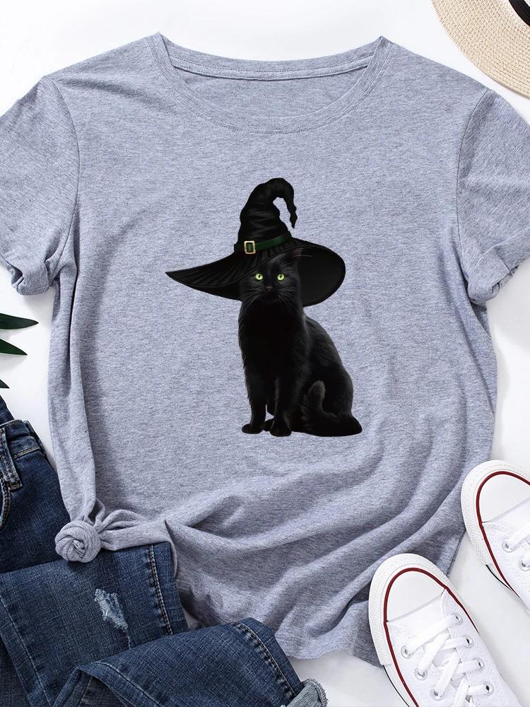 Волшебная шляпа с принтом черного кота женская футболка с коротким рукавом и круглым вырезом свободная футболка женская футболка топы camisetas mujer