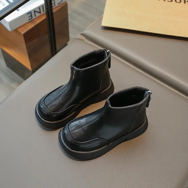 New Children Platform Ankle Boots Solid Color Causal Girls Spring Autumn Leather Boots Fashion Versatile Kids Black Short Boots