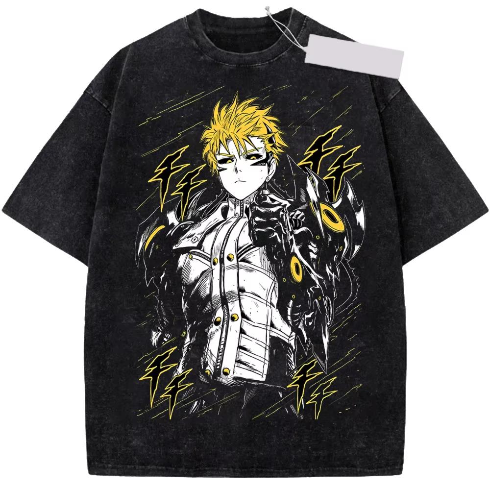 One-Punch Man Genos Anime Print Unisex Pure Cotton Vintage Washed Harajuku Style Loose Women And Men T-Shirt