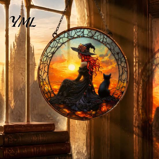 Interactive DIY Craft Set Halloween Moon Black Cat Suncatcher Jigsaw Puzzle, 2D Acrylic Mystical Feline Window Hanging Magical Girl Aesthetic