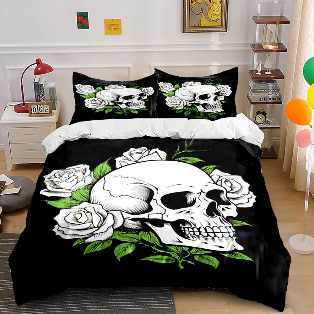 Skull and White Roses Design Bedding Duvet Cover Set (1*Duvet Cover 2*Pillowcases, without duvet insert)