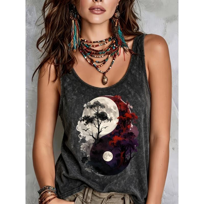 Women’s Tank Top: Bohemian Tribal Moon and Forest Print Tank Top