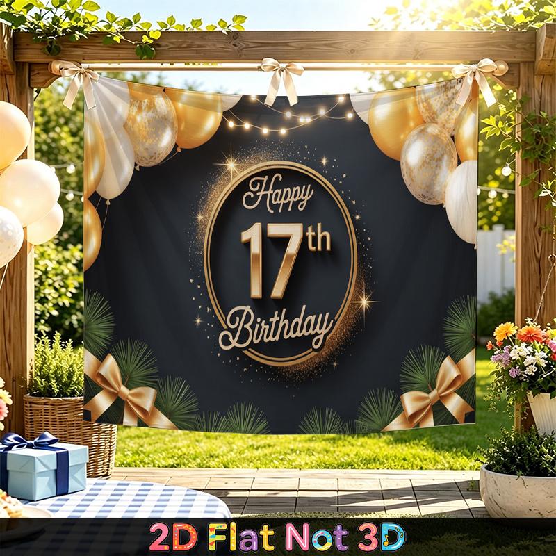 Gold 17th Gold Birthday Backdrop 1pc - Party Supplies