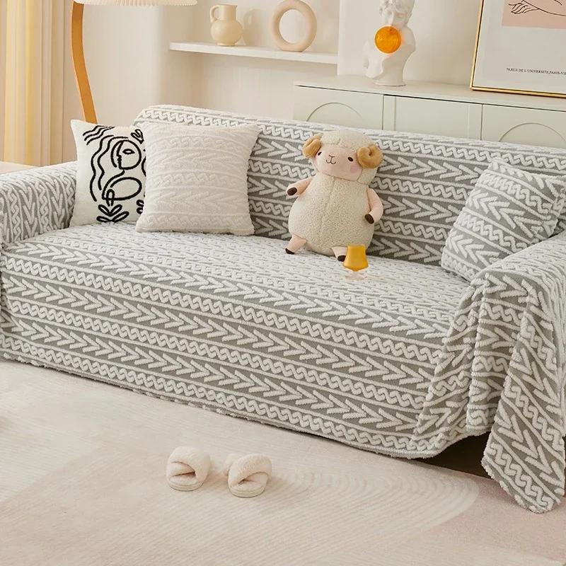 Большой чехол для дивана с защитой от кошачьих царапин, зимнее плюшевое полотенце для дивана в стиле Ins, сплошное цветное одеяло с полным покрытием, полное покрытие