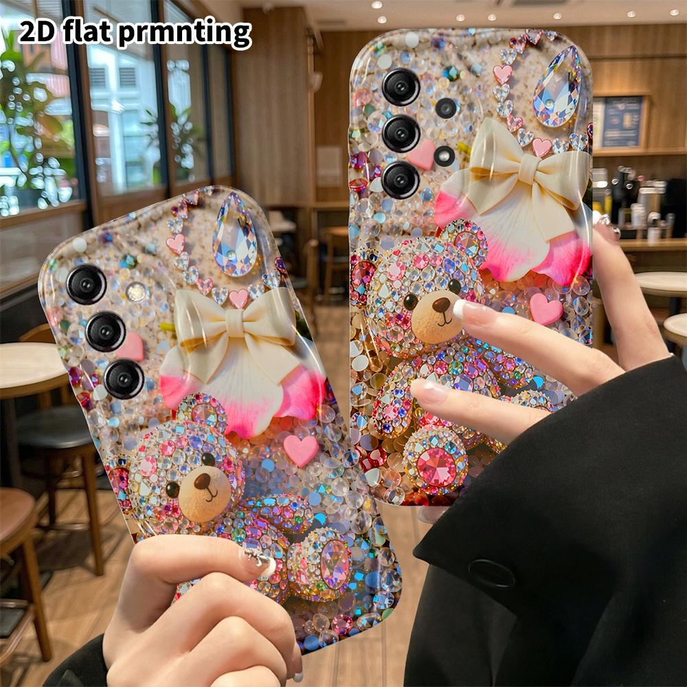 Phone case: 2D flat, suitable for Samsung Galaxy A34 A35 M05 M06 S20 S22 S21 FE Plus 5G protective case, colorful rhinestone bear, perfect holiday gif