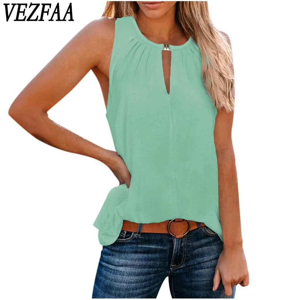 VEZFAA Women's Fashion Casual Summer Spring Solid Color Print Sleeveless V-Neck Blouses & Shirts