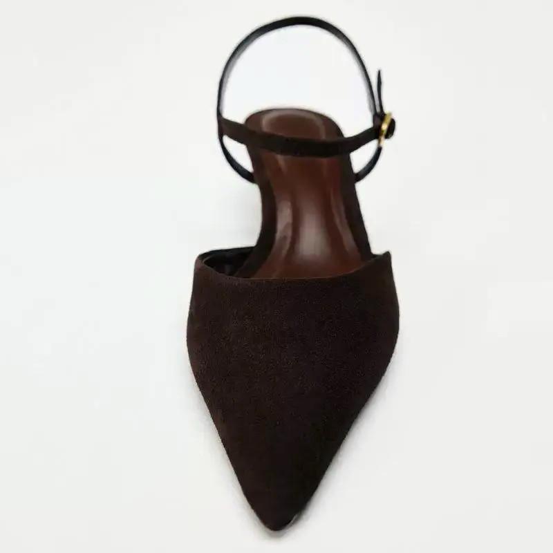 Elegant Pointed Toe Heels Women Sandals Suede Fashion Mules Shoes Ankle Strap Sexy Kitten Heel Office Shoes Zapatos Para Mujer