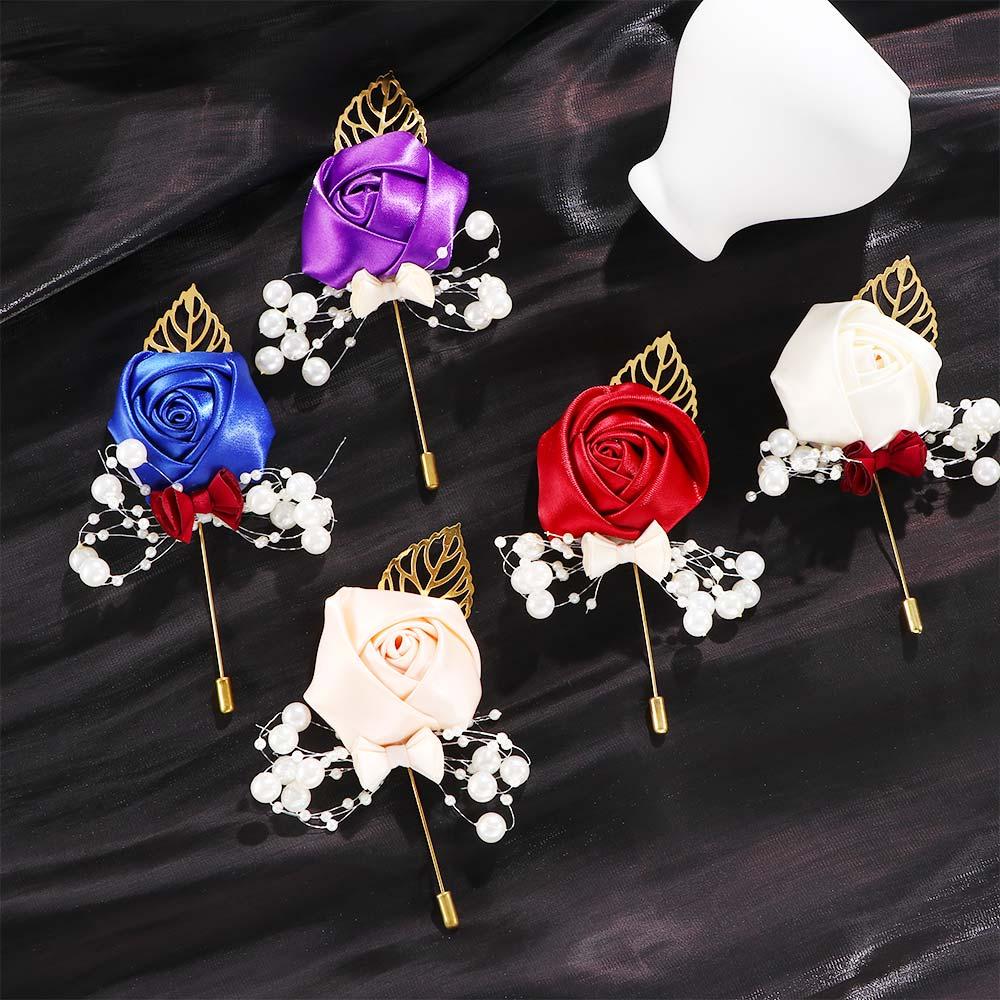 Wedding Groom Artificial Flower Bridal Imitation Pearls Brooch Pin Boutonniere Bouquet Corsage
