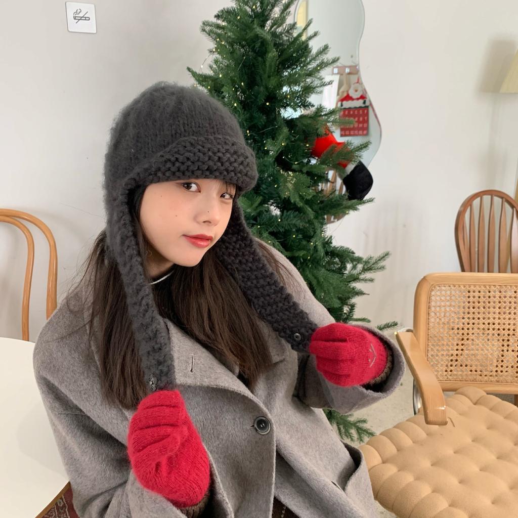 Korean Version of Knitted Flying Hat for Women Showing Their Faces Small Warm Ear Protection Wool Hats Autumn and Winter Lei Feng Hat Trend