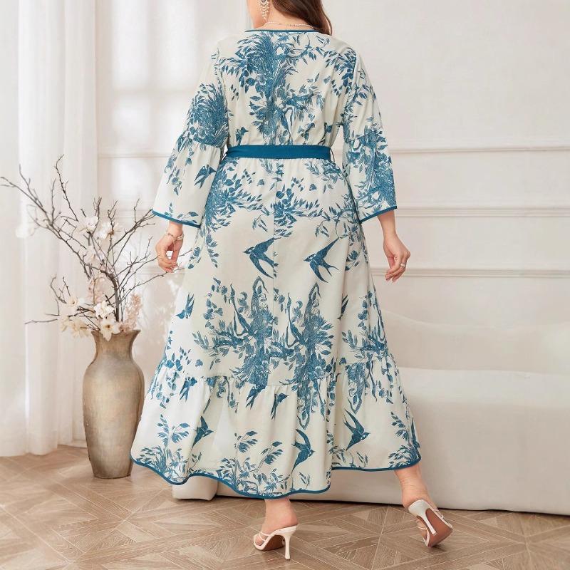 Плюс Размер Женщин Осень Новая Мода Принт Темперамент Пригородный V-образный вырез Swing Средней Длины Платье