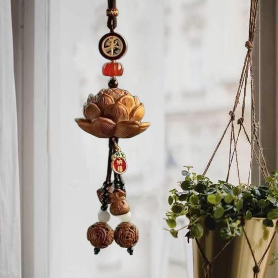 Wooden Pendant Car Ornament with Lanyard Easy To Hang Retro Engraved Lotus Car Pendant Rearview Mirror Decoration