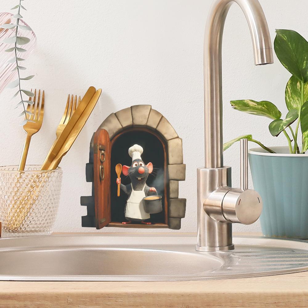 Мультяшная мышь-повар у норки Настенная наклейка для кухни, столовой, домашнего декора Самоклеящаяся съемная декаль