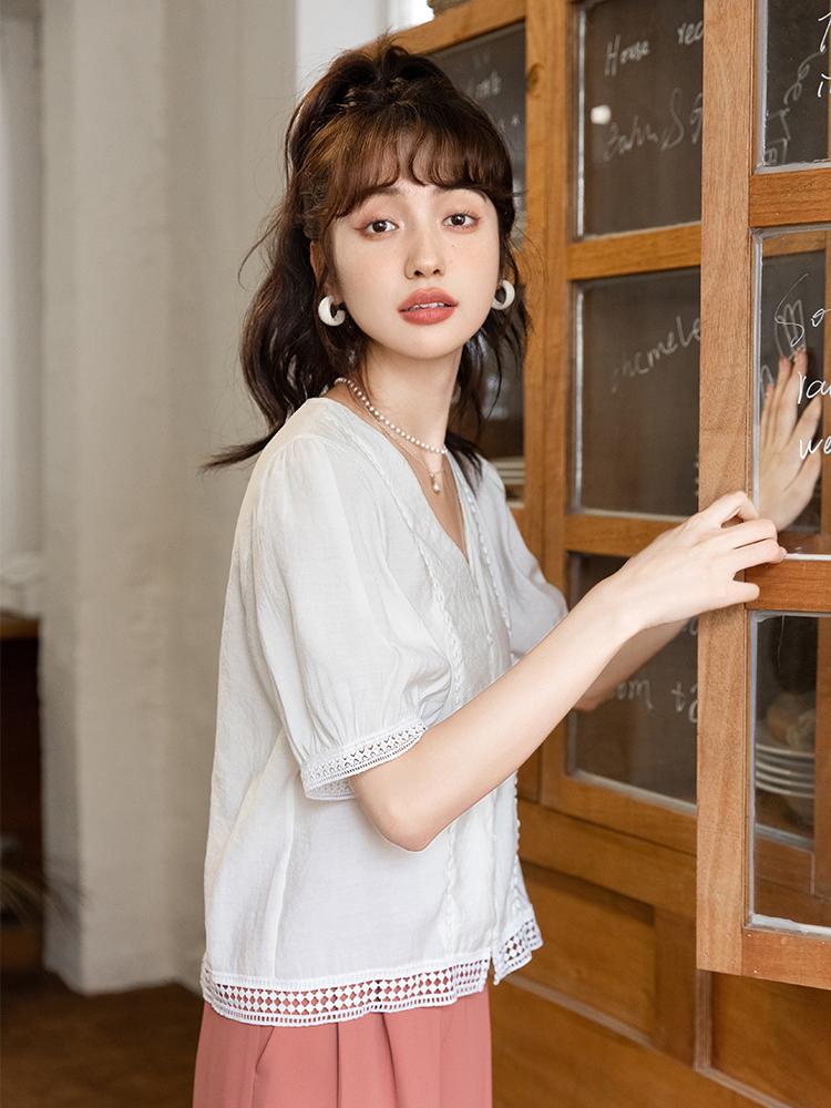 Mishow Кружевная рубашка для женщин, летняя элегантная французская винтажная блузка с пышными рукавами, базовая блузка с v-образным вырезом, женская одежда MXB29X0313