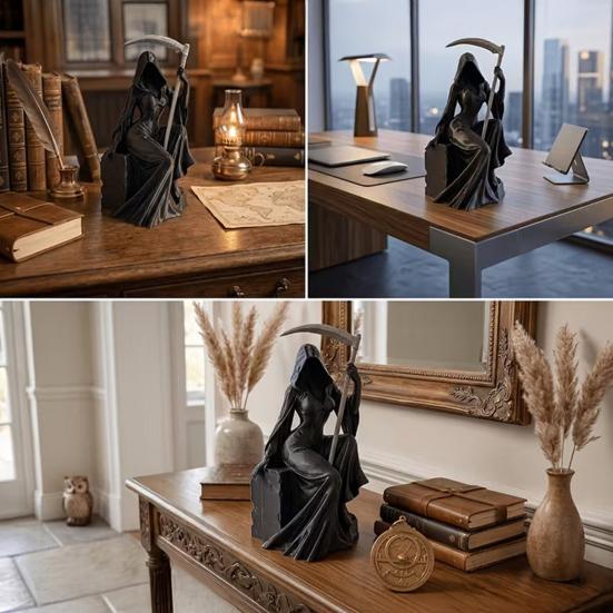 Grim Reaper Figurine with Scythe 3D Printed Mysterious Female Grim Reaper Statue Gothic Spooky Sculpture for Bookshelf Desk