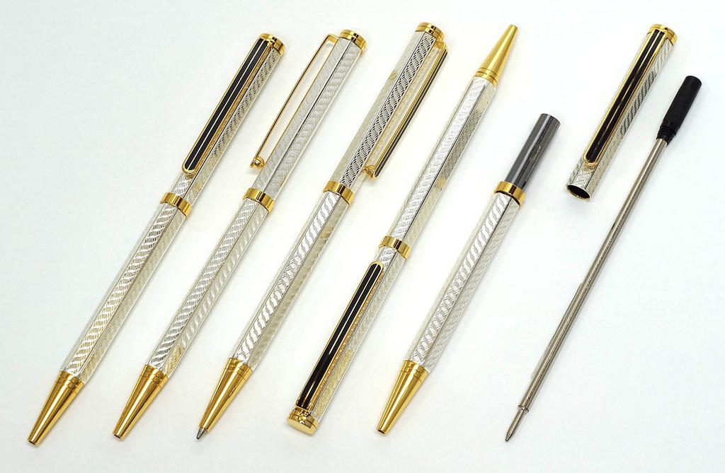 Takizawa brass hexagonal rotating ballpoint pen with gold leaf in a black mm brass hexagonal engraved handle rotating ballpoint fully silver