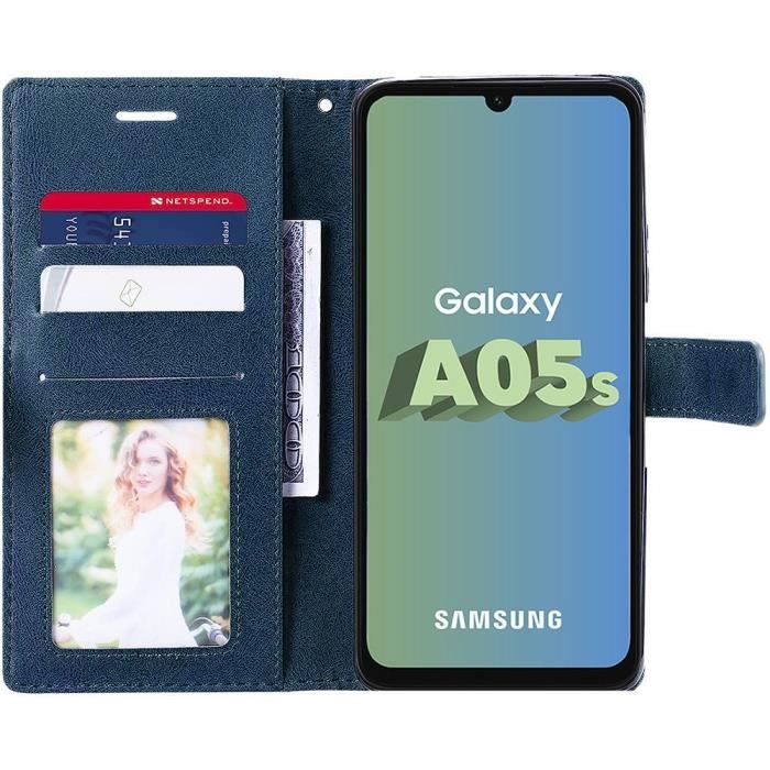 Case for Samsung Galaxy A05s - BOOLING - Semi-rigid - Synthetic Leather - Flap - Navy Blue with 2 Tempered Glasses