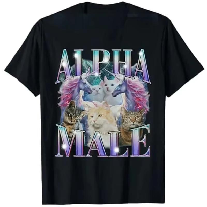 Alpha Unisex Unicorn Cat Ironic Vintage TShirt Retro Style Vintage Saying Tee Short Sleeve Sarcastic Joke Saying Rap Y2k Top