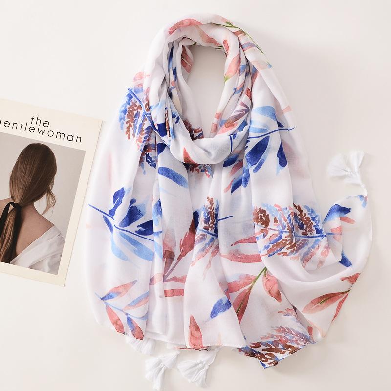 Beige Coffee Scarf Luxury Thin Womens Scarves Spring Floral Hijab Veils Soft Cotton Shawl Wrap Tassel Viscose Muslim Woman Hijab