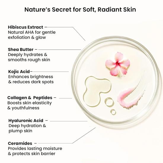 WildOak Pink Hibiscus Sugar Body Scrub | 300g | Kojic Acid, Hyaluronic Acid, Ceramides, Collagen & Peptides | De-Tan & Brightens Dark Areas