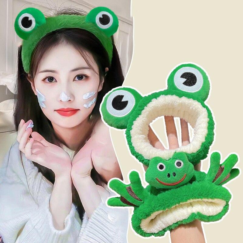 Мультяшные большие глаза лягушки, плюшевые обручи для волос с бантом для женщин, сладкий макияж, повязка для волос, повязка на голову, аксессуары для волос для девочек, корейские головные уборы