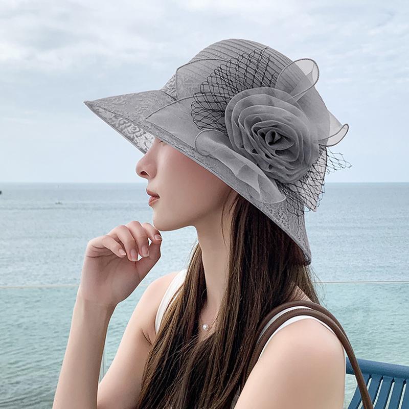2025 Летняя женская элегантная шляпа из органзы с цветочным узором для бассейна, защита от солнца для путешествий, крутая шляпа рыбака