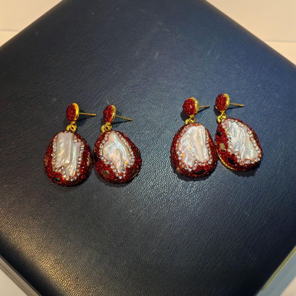 Серьги из турмалина с жемчугом барочной формы, инкрустированные красными чешскими бриллиантами, женские серьги, французский дизайн