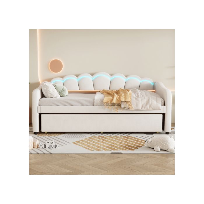 Lit de jour - Daybettt - 90x200 cm - Lit escamotable - Flanelle et MDF - LED réglable