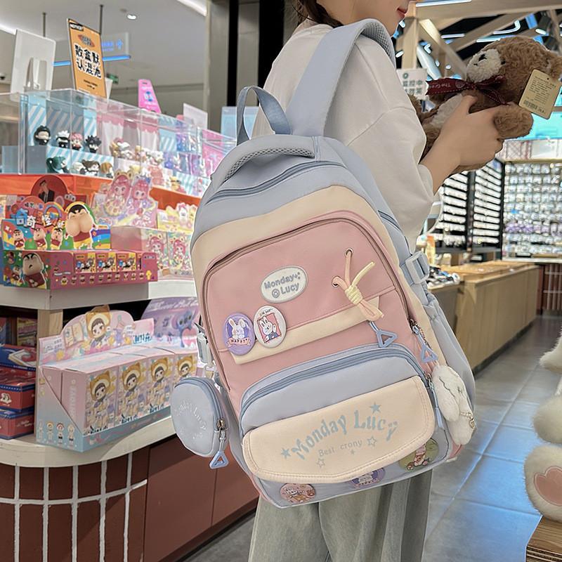 Simple Color Blocked Letter Pattern Student Backpack With Badge Pendant And