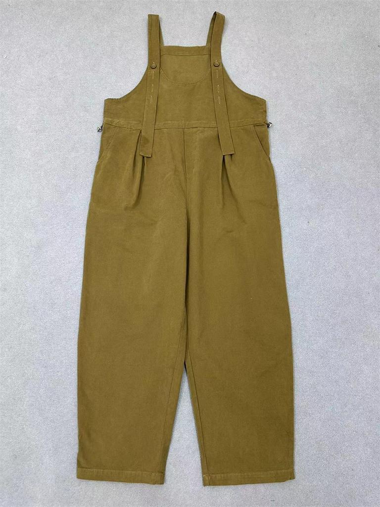 Johnature Retro Cargo Bib Bodysuits Women Autumn Casual Comfortable Loose Straight Leg Sleeveless Simple Jumpsuits