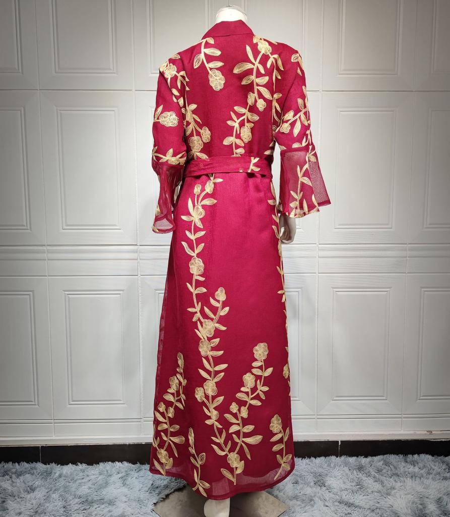 Мусульманский сетчатый вышитый халат с V-образным вырезом, облегающее свободное арабское платье