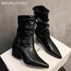 Chunky Pointed Toe Women Ankle Boots Fashion Leather Mid Heels Sexy Shoes  Trend Winter Designer New Pumps Goth Botas Mujer