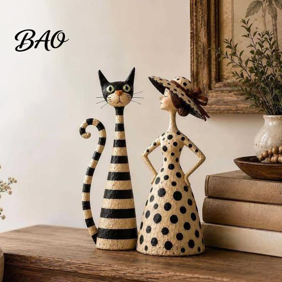 Thoughtful Gifts for Cat Owners Vintage & Lady Resin Sculpture, Artistic Striped Statues, Sculptures Elegant Polka Dot Ornament, Housewarming