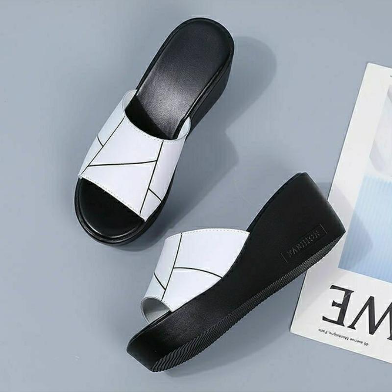 Модные женские тапочки, черные сандалии, кожаные шлепанцы, туфли на танкетке для женщин, обувь 2024 года, роскошная уникальная натуральная кожа, новая коллекция, тренд