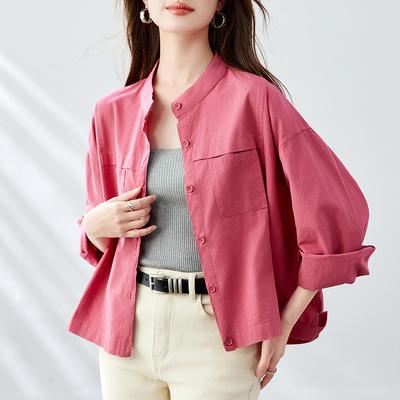 Рубашка цвета розовой розы женская с длинным рукавом весна-осень новый стиль дизайн нишевый топ круглый вырез женская рубашка