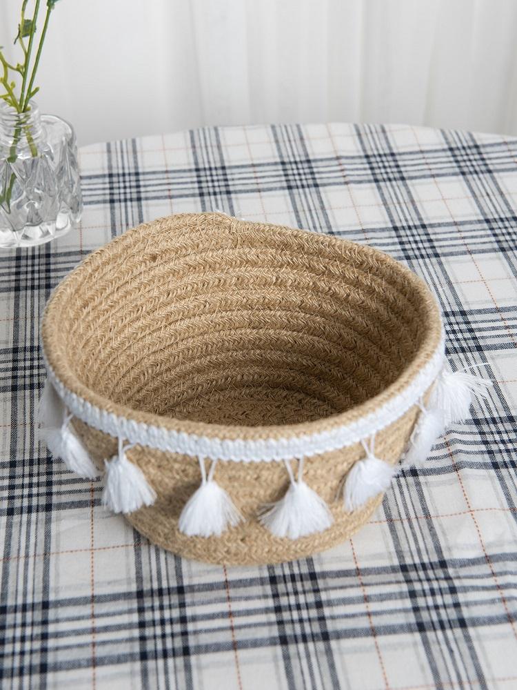 Vintage Jute Woven Storage Basket Nordic Home Cotton Thread Tassel Sorting Box Weaved Organizing Bin for Living Room Decor