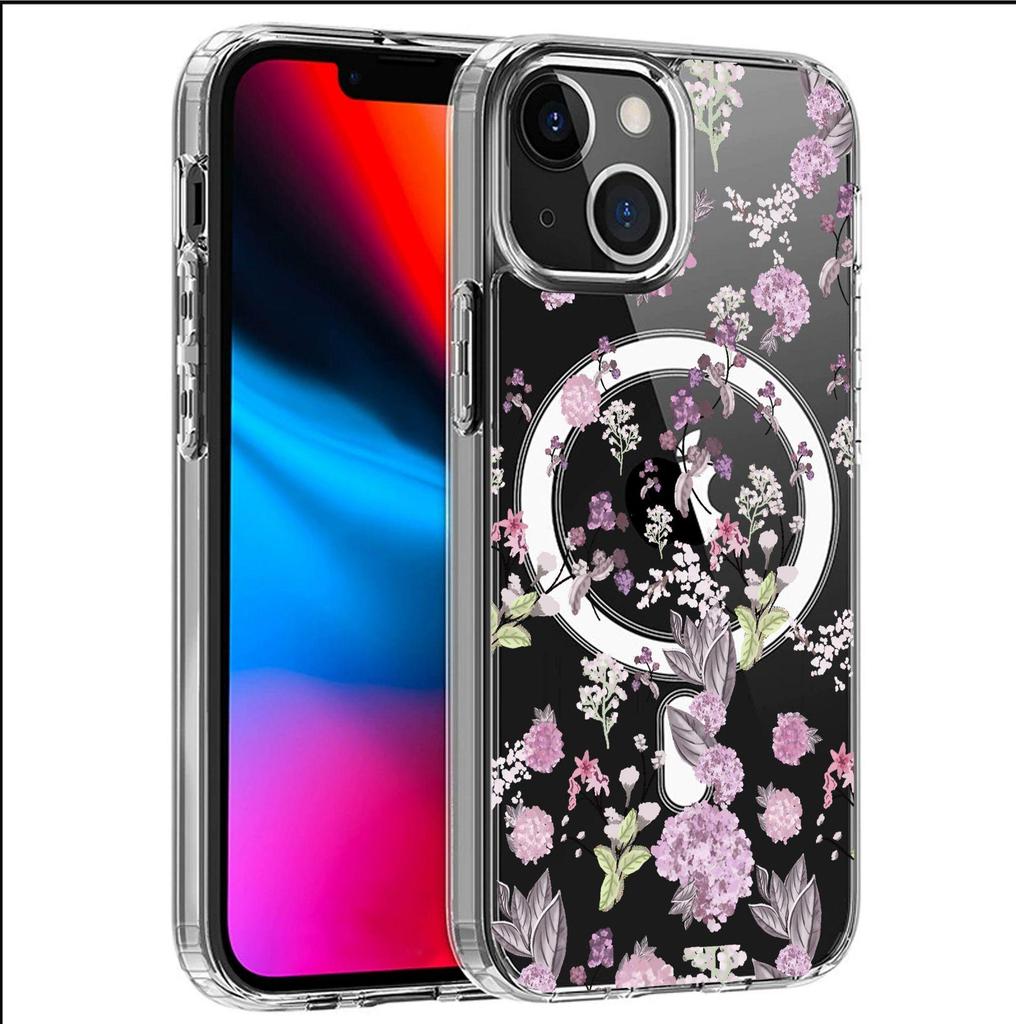 Маленький фиолетовый чехол с цветочным принтом и магнитом для iPhone 15/16/17 Pro Max - Прозрачный с полным покрытием