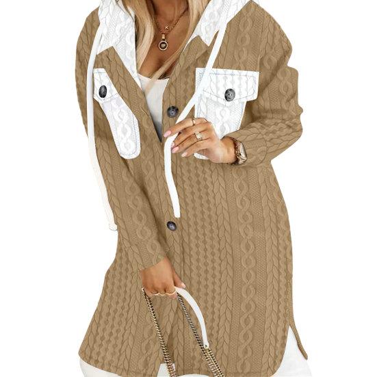 Женский длинный кардиган, большой кардиган с капюшоном, уютный свитер с капюшоном, пальто с витым узором, контрастный цвет для женщин, плотная куртка