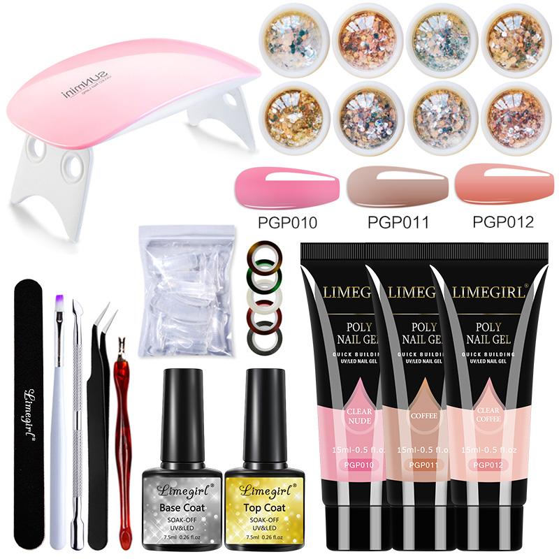 Limegirl Acrylic Kit with Lamp Nail Extension Gel Kit 8 Colors Glitters Nail Art Manicure Kit