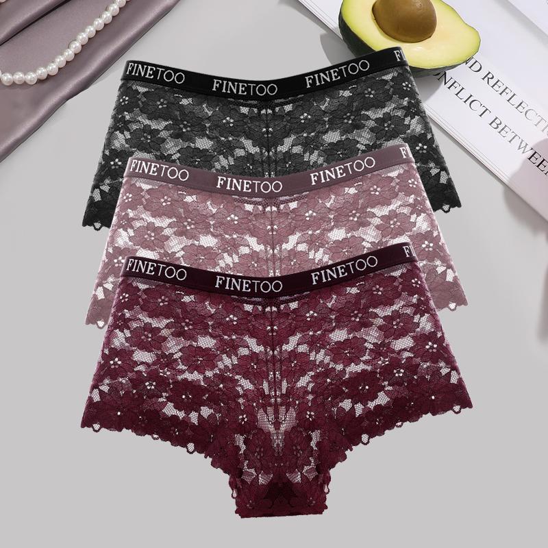 3Pcs Lace Hollow Out Boyshorts Women's Sexy Floral Panties 5 Solid Colours Underwear Letter Belt Briefs Perspective Lingerie