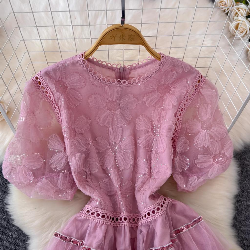 Летние женские сладкие блестящие цветочные розовые сетчатые вечерние платья с вырезами