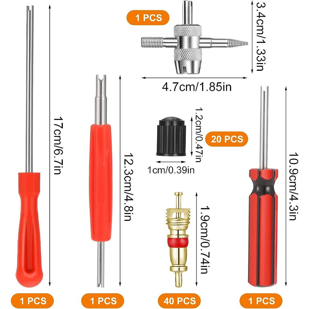 Инструмент для ремонта сердечника клапана: 64 шт., съемник клапана шины автомобильного велосипеда - 3 шт., инструмент для сердечника 4-ходового клапана - 1 шт., крышки клапанов шин - 20 шт., сердечник клапана - 40 шт.