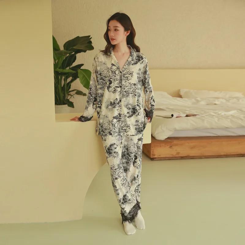 Пижама женская из чистого хлопка: Кардиган с длинными рукавами и кружевом, весна/осень, большие размеры, стиль 2025 года, подходит для ношения в помещении и на улице