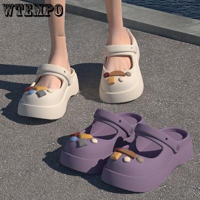 Женские тапочки с завернутым носком на толстой подошве, плоские каблуки с подчеркнутой геометрией, универсальные модные повседневные однотонные противоскользящие пляжные туфли с отверстиями