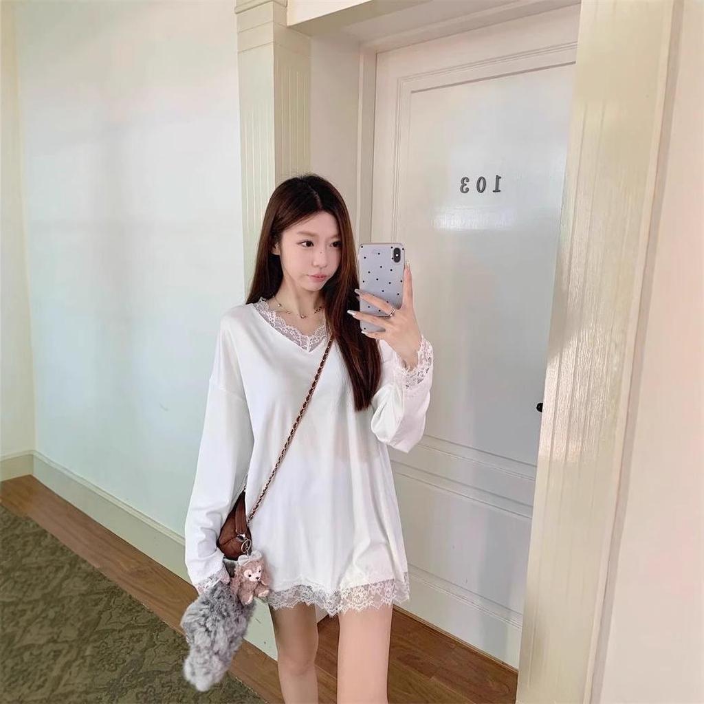 Осень/Зима Корейский Свободный Пуловер С V-образным Вырезом и Кружевными Вставками