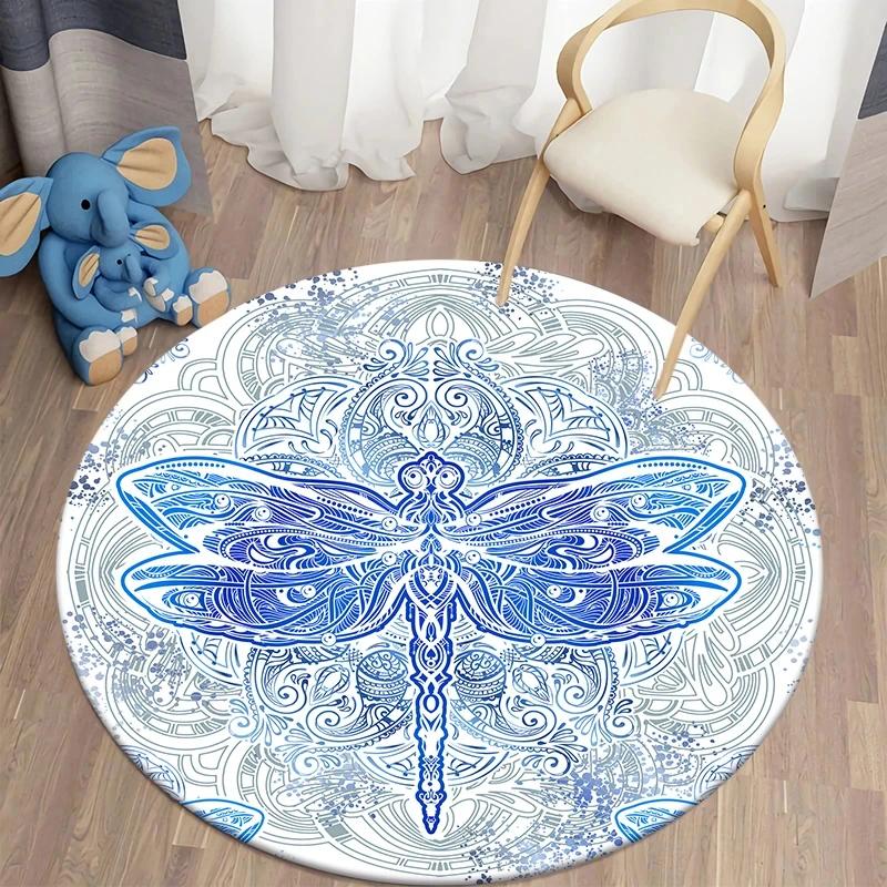 Bohemian Dragonfly Round Carpet Soft Floor Mat For Living Room Sofa Chair Children's Room Non-slip Area Rug Home Decor Doormat