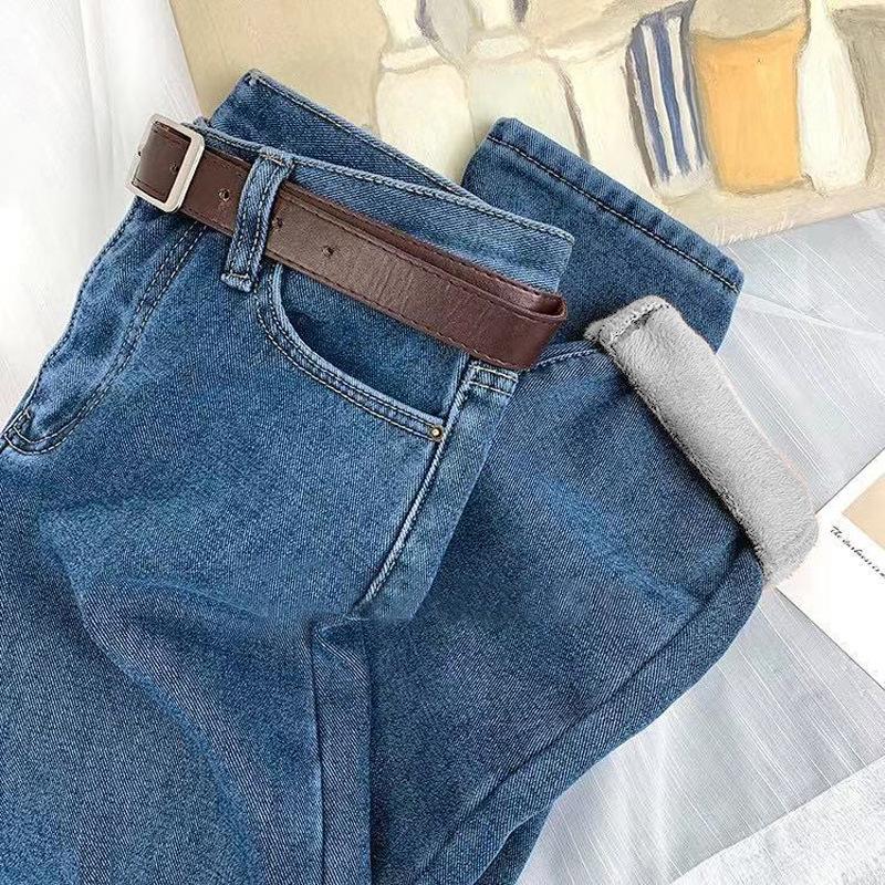 Зимние утолщенные теплые брюки Harun, прямые тонкие женские модные джинсы, повседневные брюки