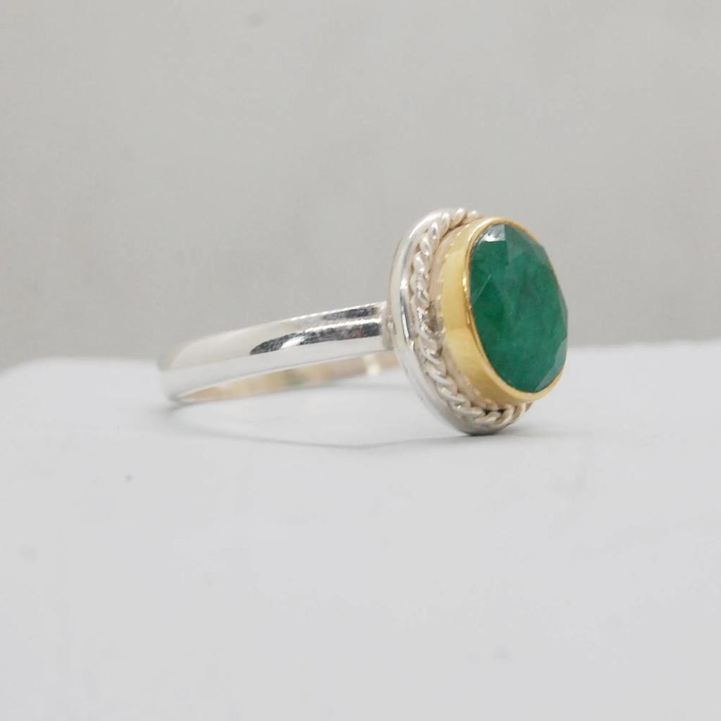 Genuine Rich Green Emerald Gems 925 Sterling Silver Yellow Gold Two Tone Ring Jewelry, Handmade Emerald Ring Jewelry